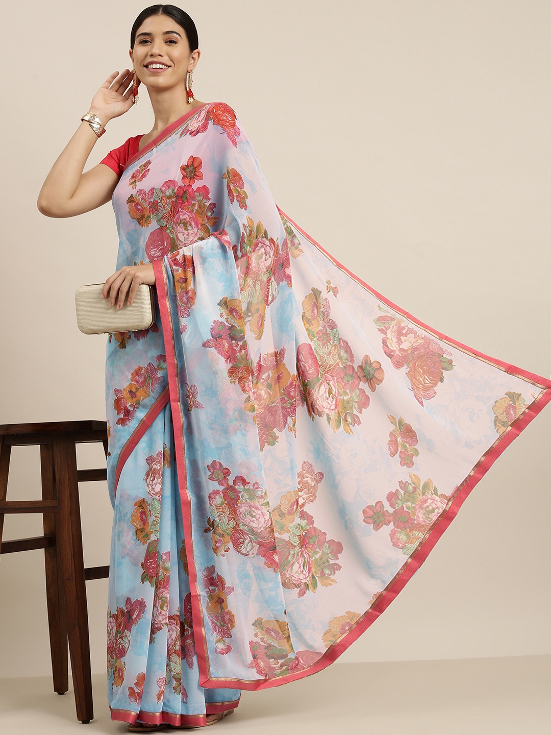 

Sangria Blue & Red Floral Print Pure Georgette Saree