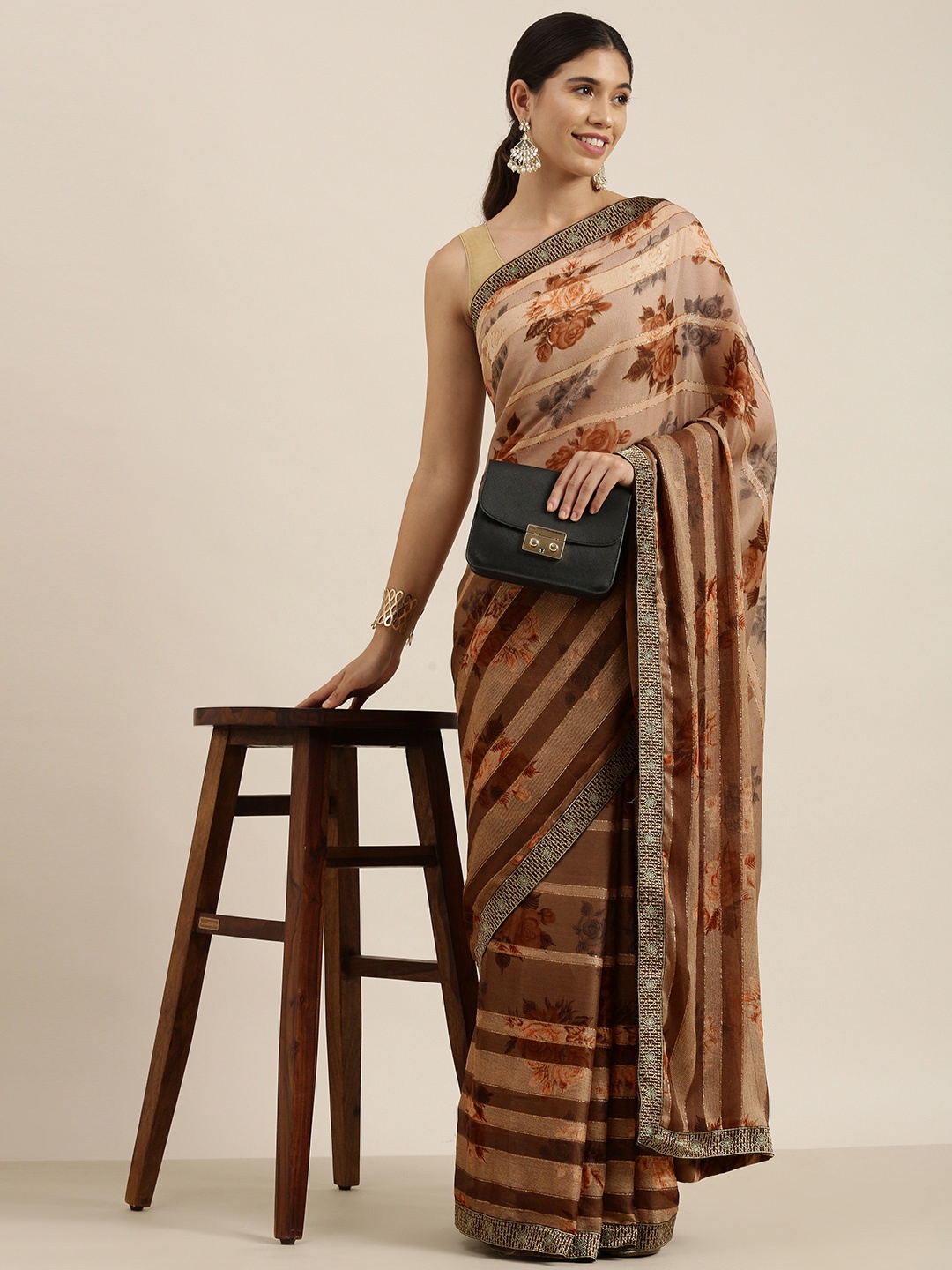

Sangria Beige & Brown Floral Print Pure Chiffon Saree