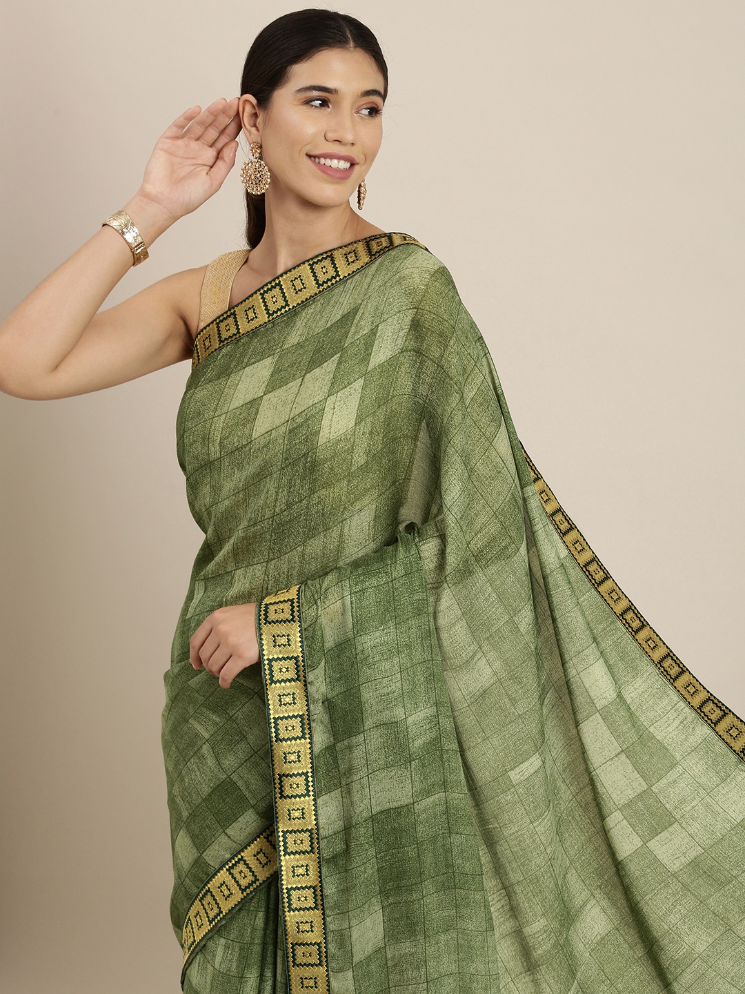 

Sangria Olive Green Checked Pure Georgette Saree