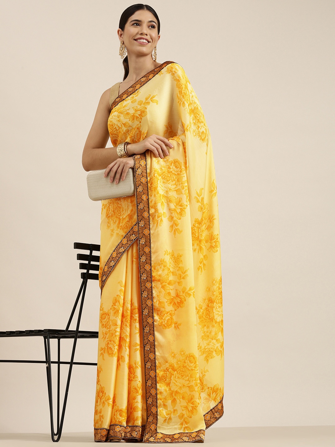 

Sangria Yellow Floral Print Pure Georgette Saree