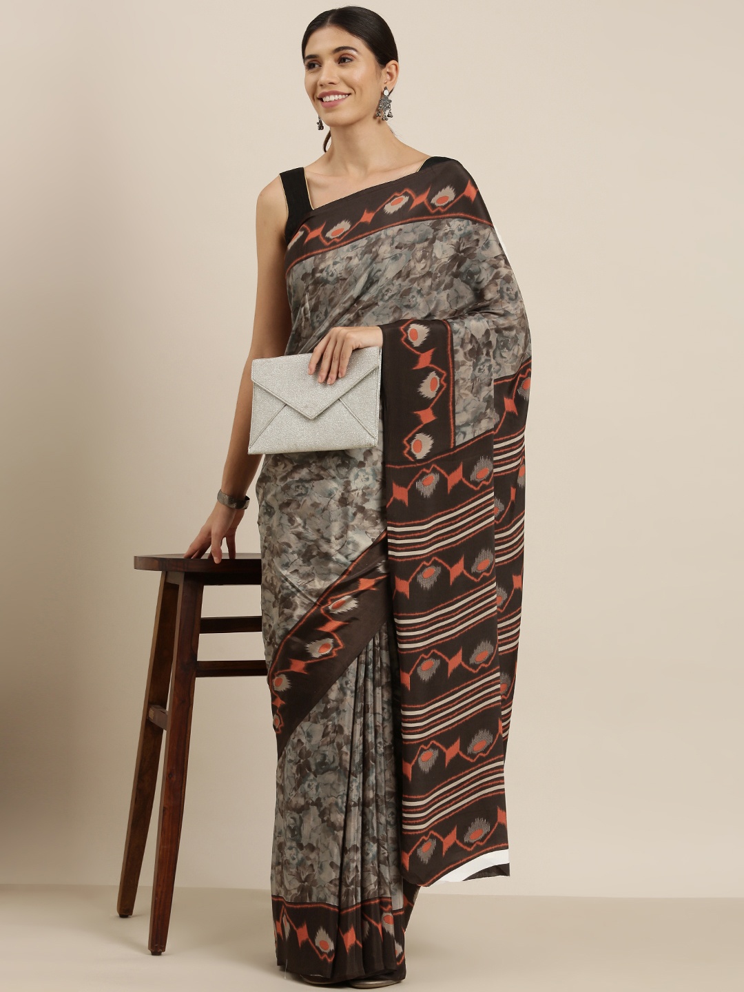 

Sangria Brown Floral Pure Crepe Saree