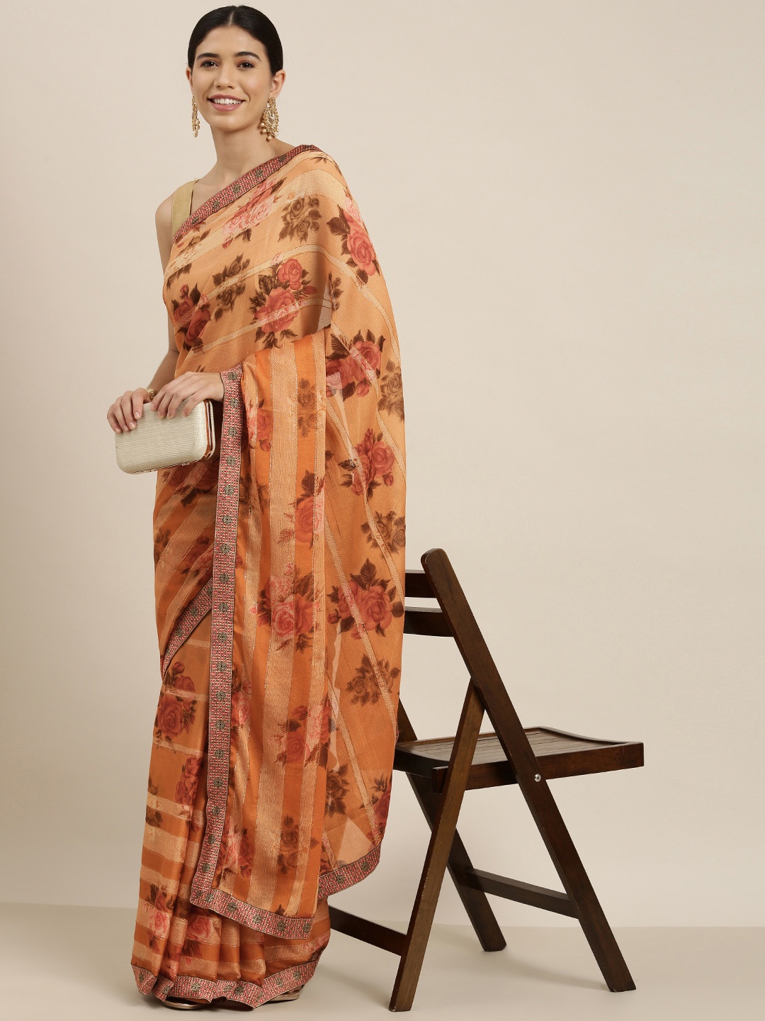 

Sangria Orange & Dusty Pink Floral Print Pure Chiffon Saree