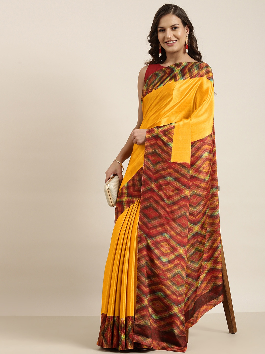 

Sangria Mustard Yellow & Red Pure Crepe Saree