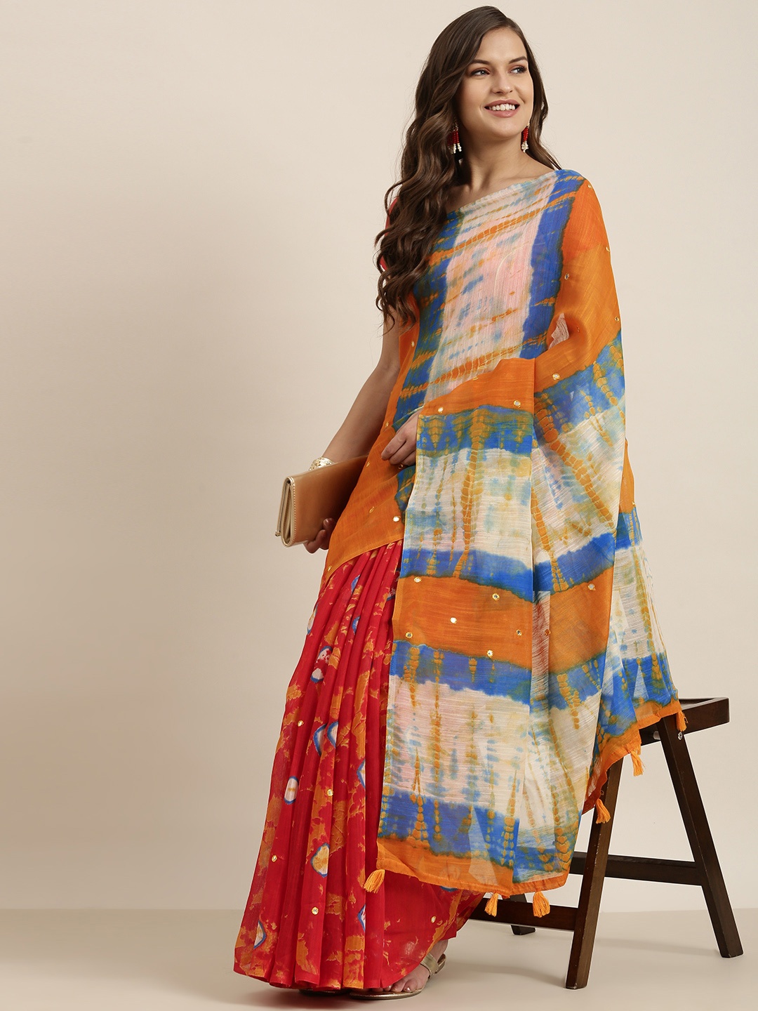 

Sangria Multicoloured Mirror Work Silk Cotton Saree, Multi