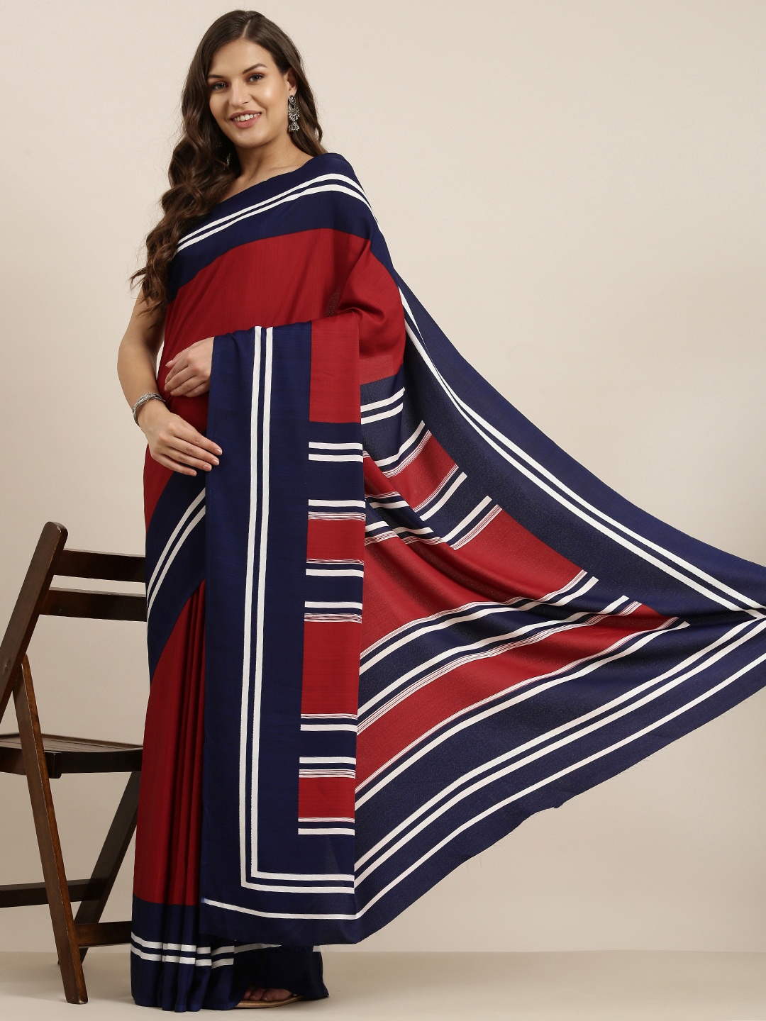 

Sangria Maroon & Navy Blue Pure Crepe Saree