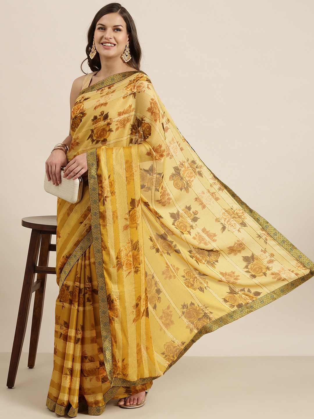 

Sangria Cream-Coloured & Brown Floral Pure Chiffon Saree