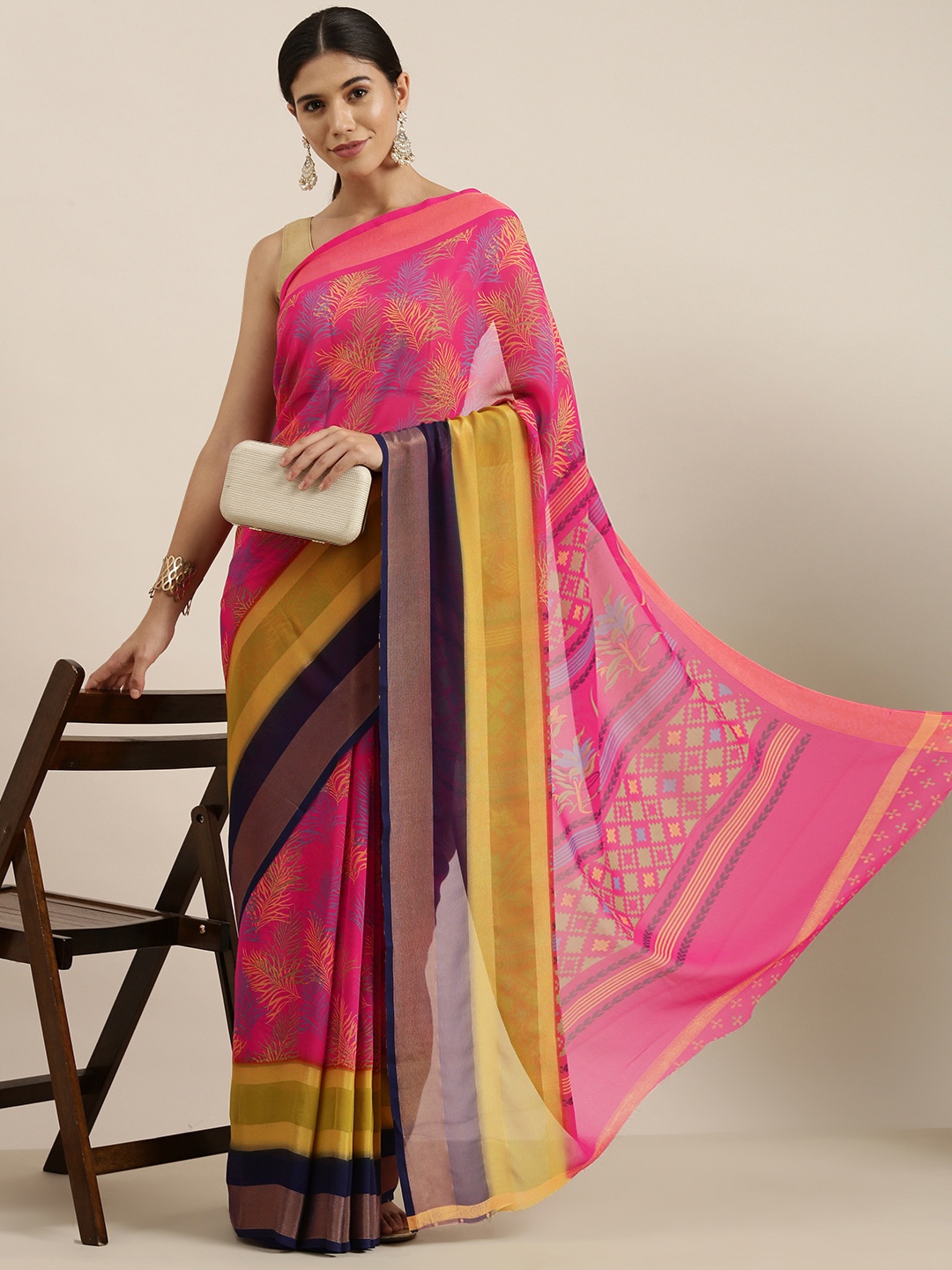 

Sangria Pink & Yellow Pure Georgette Saree