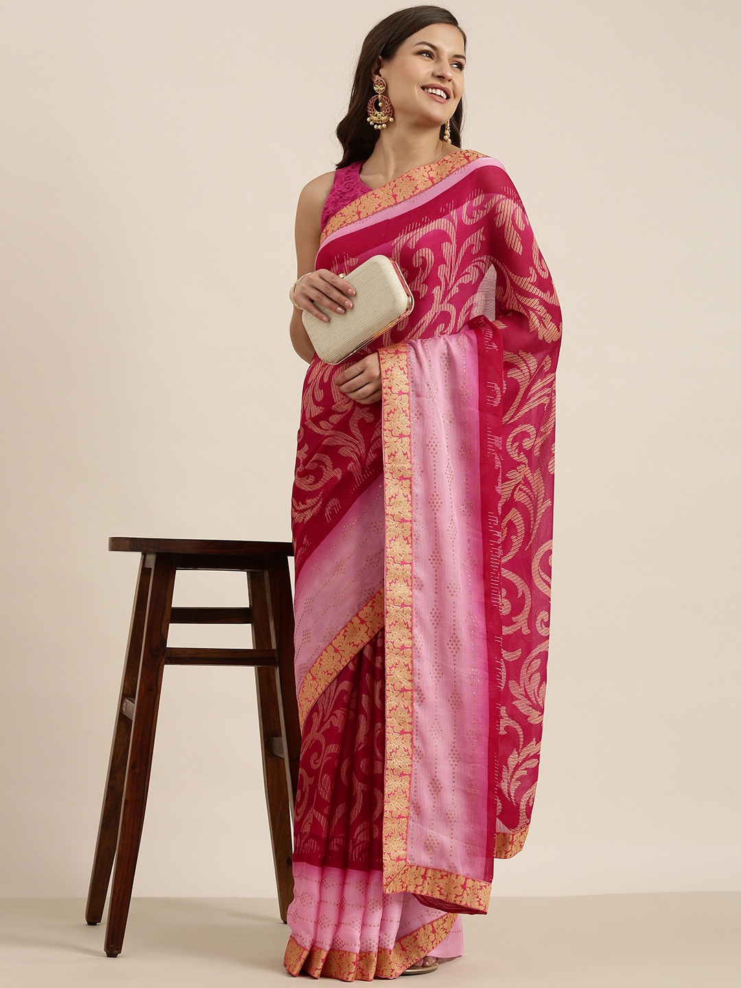 

Sangria Pink & Beige Ethnic Motifs Pure Chiffon Saree