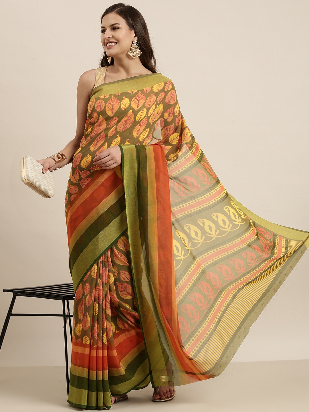 

Sangria Olive Green & Yellow Ethnic Motifs Pure Georgette Saree