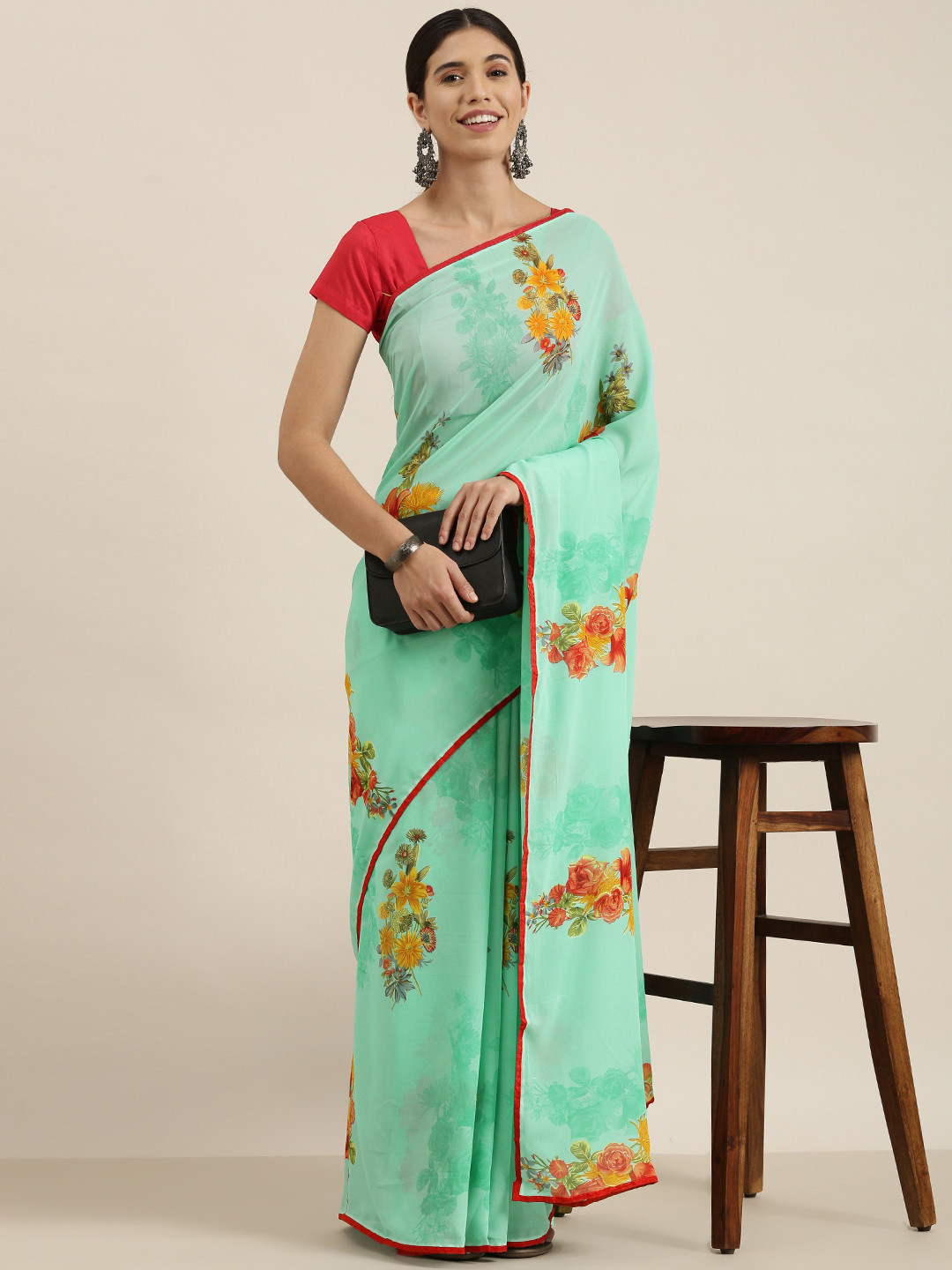 

Sangria Turquoise Blue & Yellow Floral Print Pure Georgette Saree
