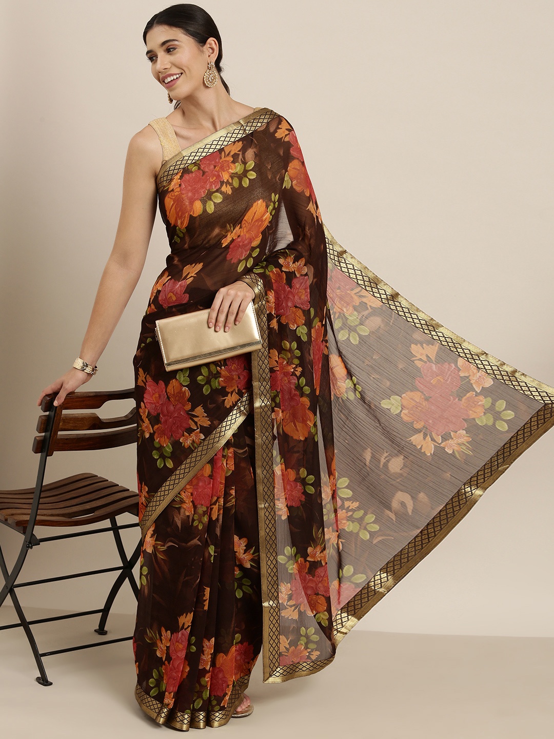 

Sangria Brown & Orange Floral Print Pure Chiffon Saree