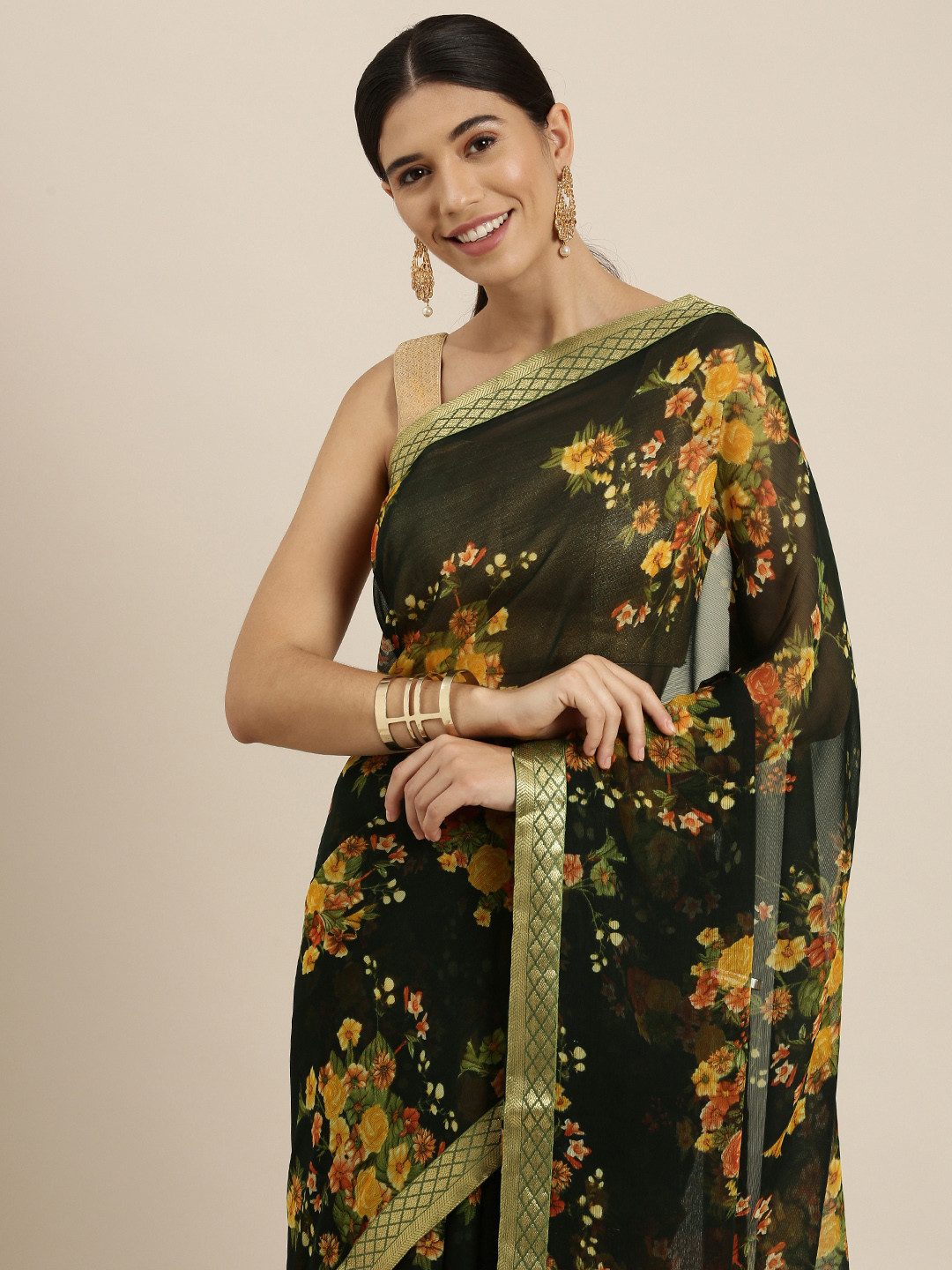 

Sangria Green & Yellow Floral Zari Pure Chiffon Saree