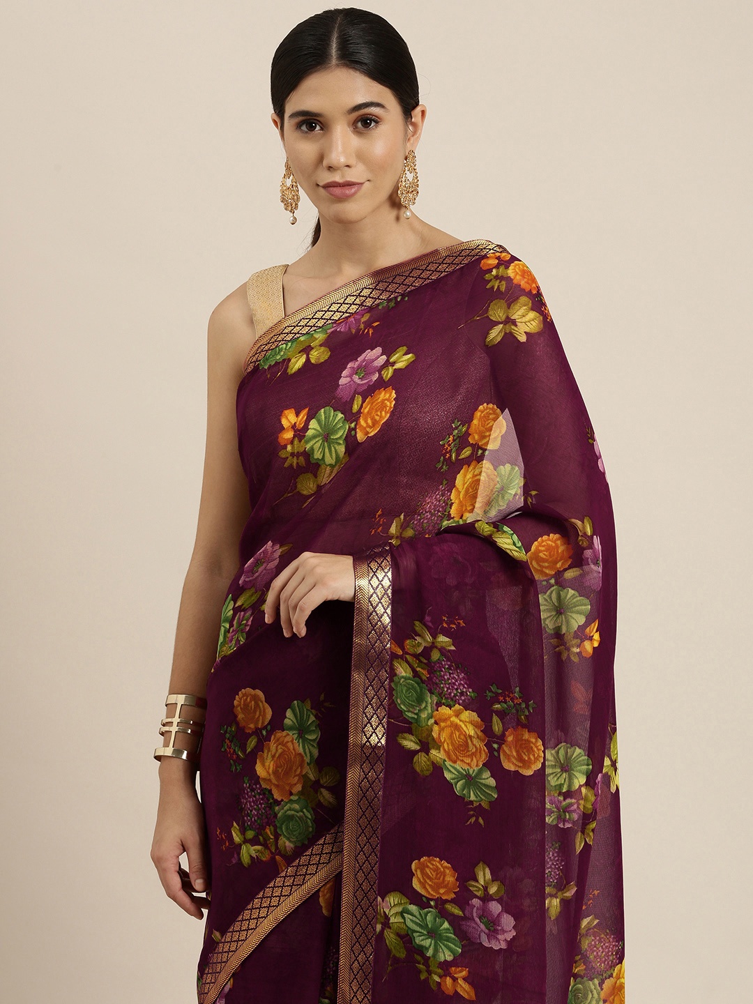 

Sangria Maroon Floral Zari Pure Chiffon Saree