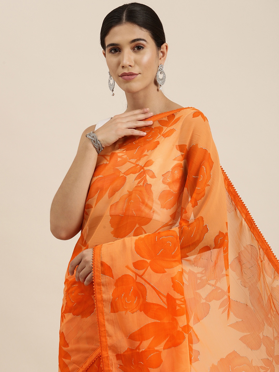 

Sangria Orange Floral Print Pure Chiffon Saree