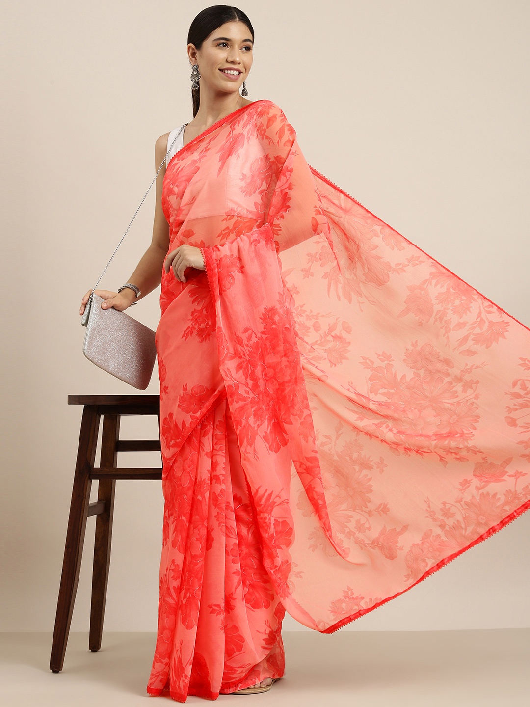 

Sangria Pink Floral Print Pure Chiffon Saree