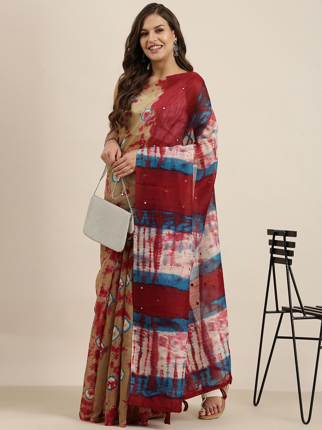 

Sangria Multicoloured Mirror Work Silk Cotton Saree, Multi