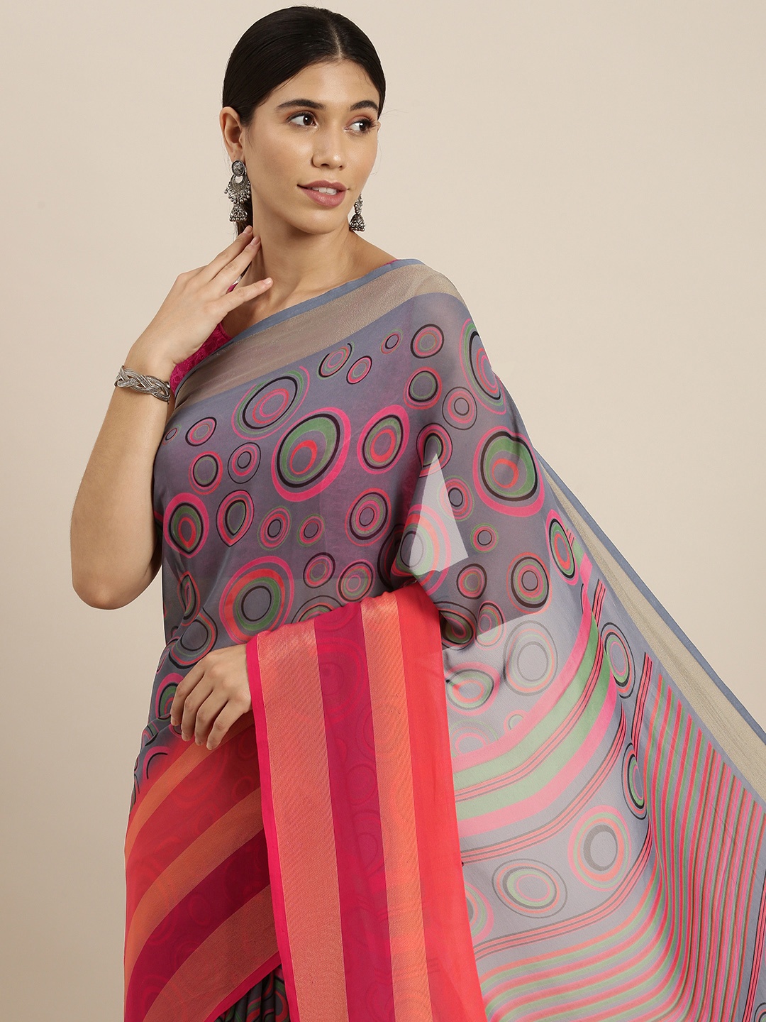 

Sangria Grey & Orange Pure Georgette Saree