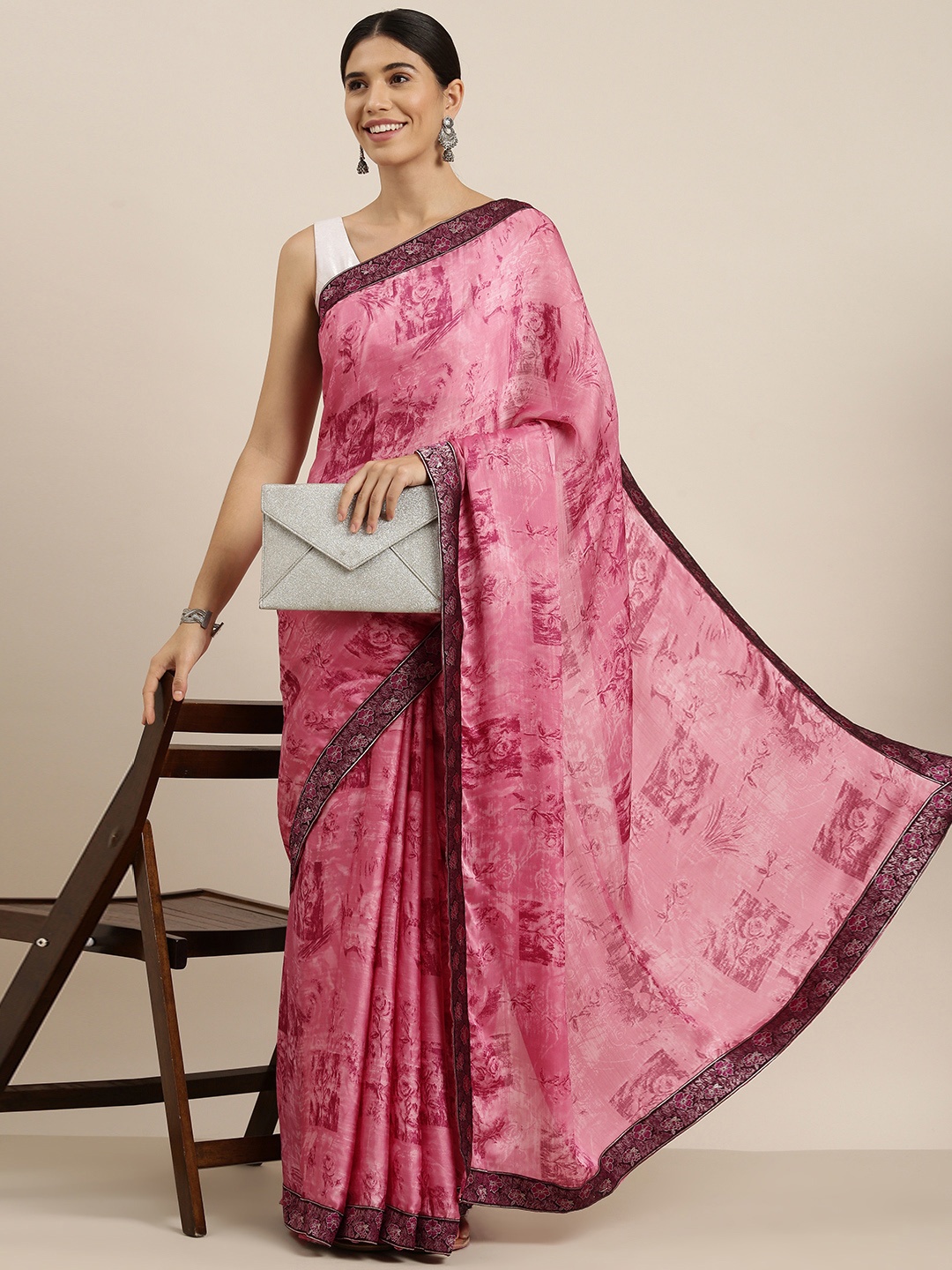 

Sangria Pink Printed Pure Georgette Saree