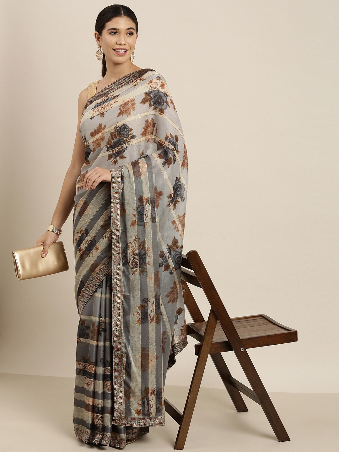 

Sangria Grey & Brown Floral Print Pure Chiffon Saree
