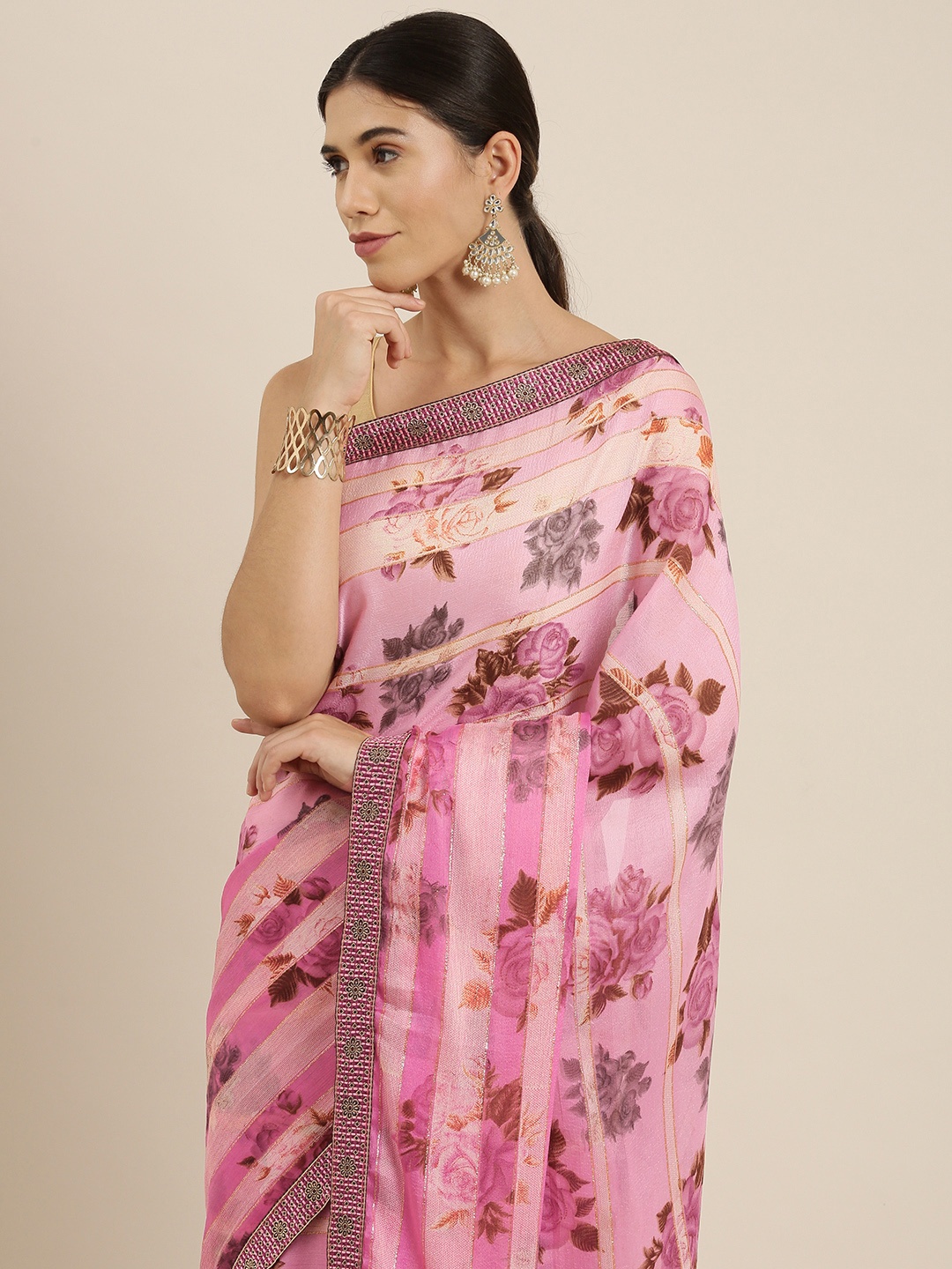 

Sangria Pink & Brown Floral Print Pure Chiffon Saree