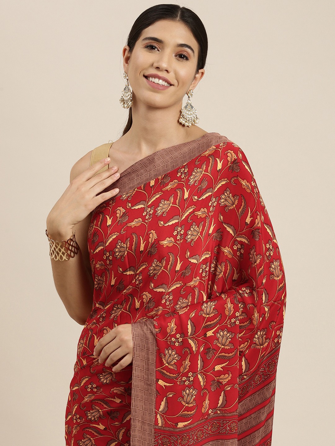 

Sangria Red Floral Pure Crepe Saree