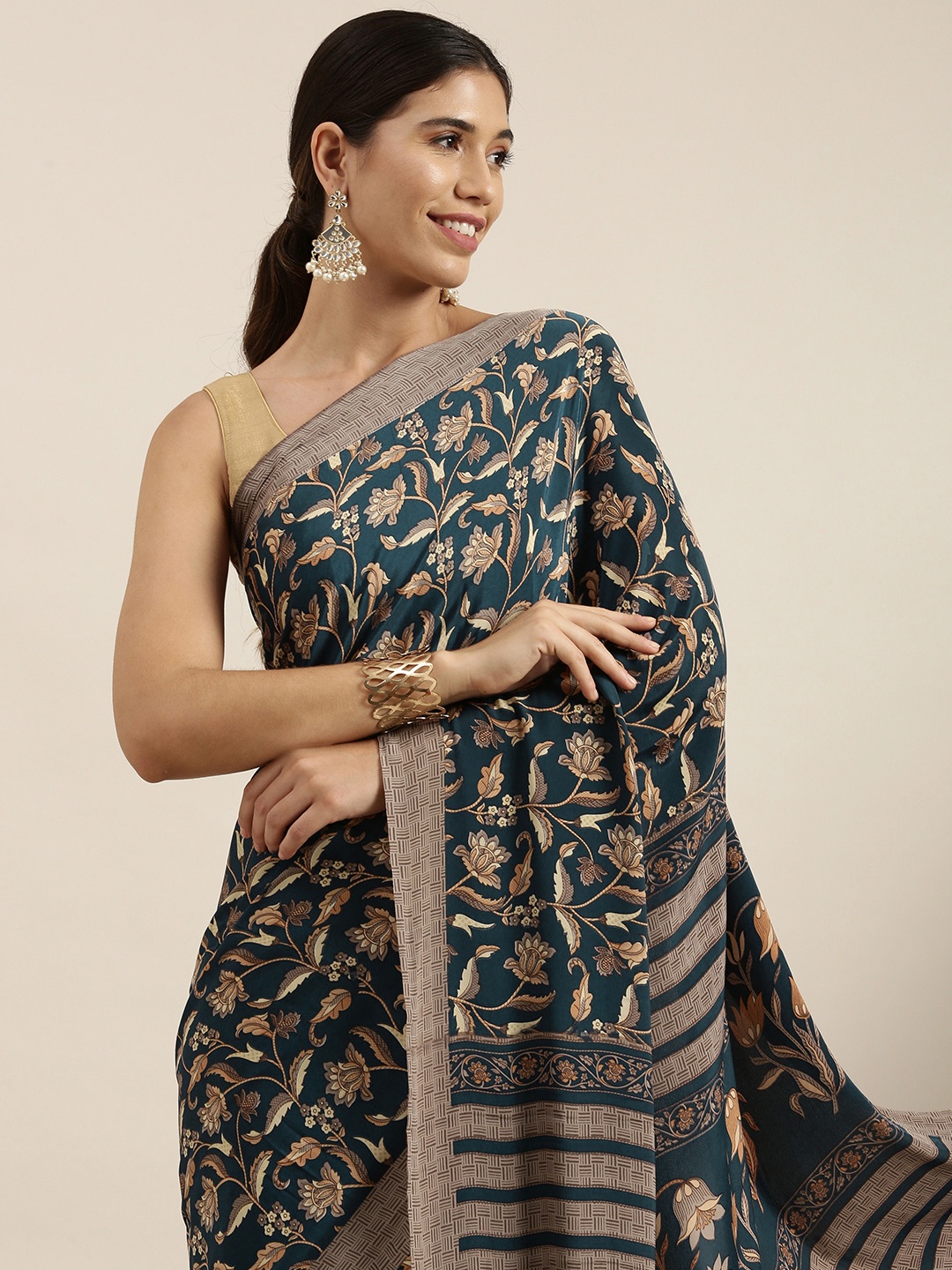 

Sangria Blue Floral Pure Crepe Saree