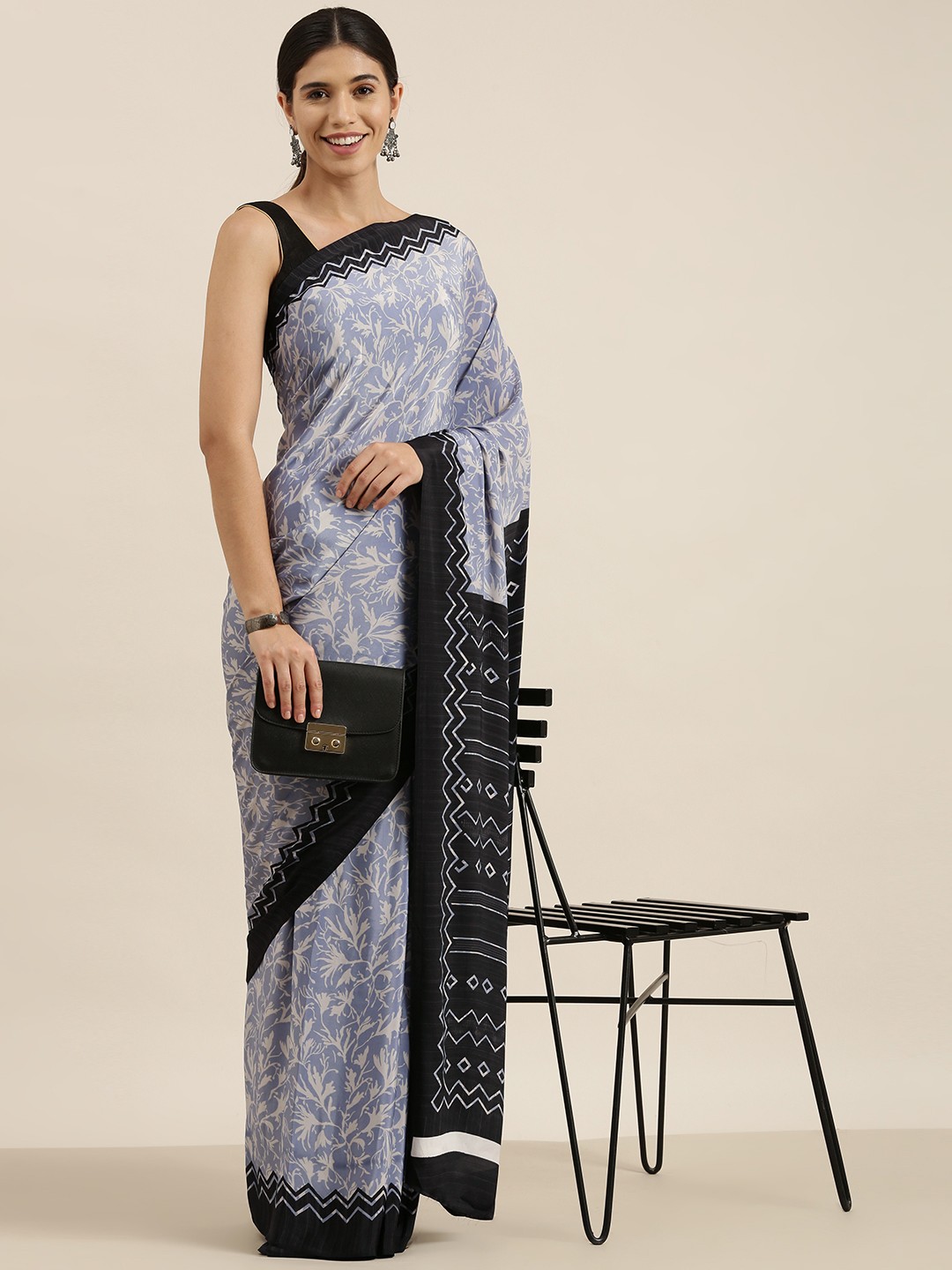 

Sangria Grey & Black Floral Pure Crepe Saree