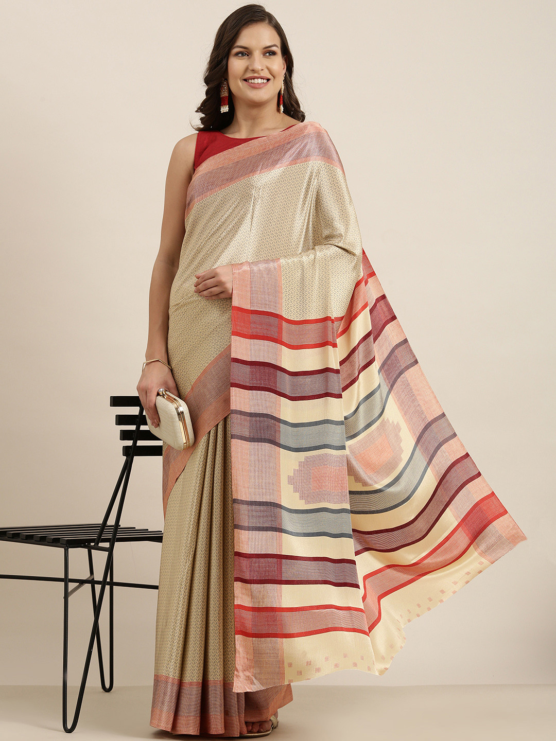 

Sangria Cream-Coloured & Blue Pure Crepe Saree