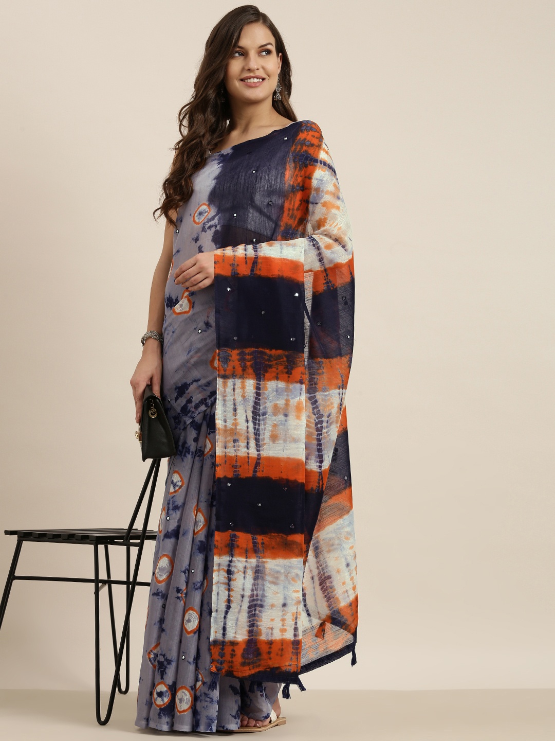 

Sangria Navy Blue & Multicoloured Mirror Work Silk Cotton Saree