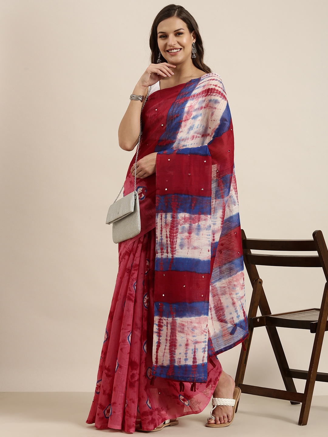 

Sangria Red & Peach-Coloured Tie and Dye Mirror Work Silk Cotton Saree