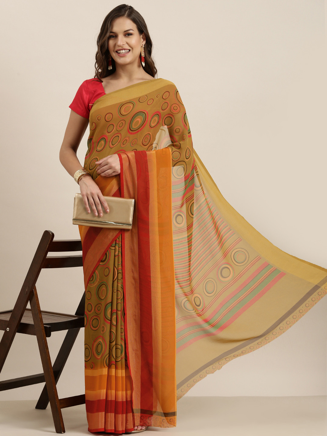 

Sangria Beige & Orange Pure Georgette Saree