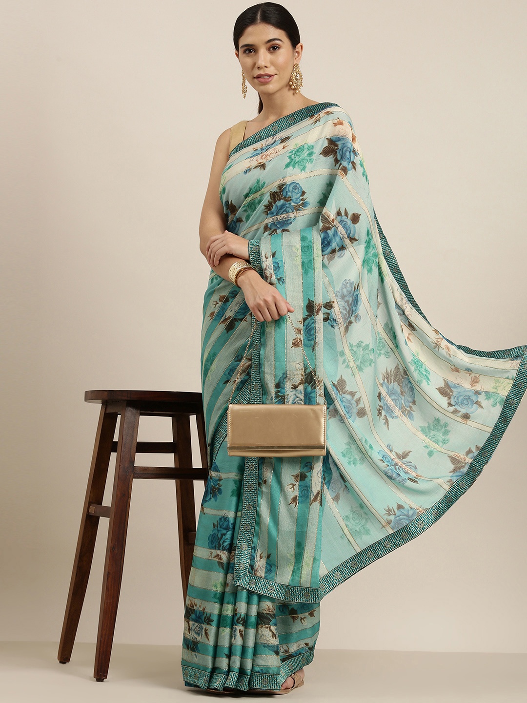 

Sangria Blue & Brown Floral Print Pure Chiffon Saree