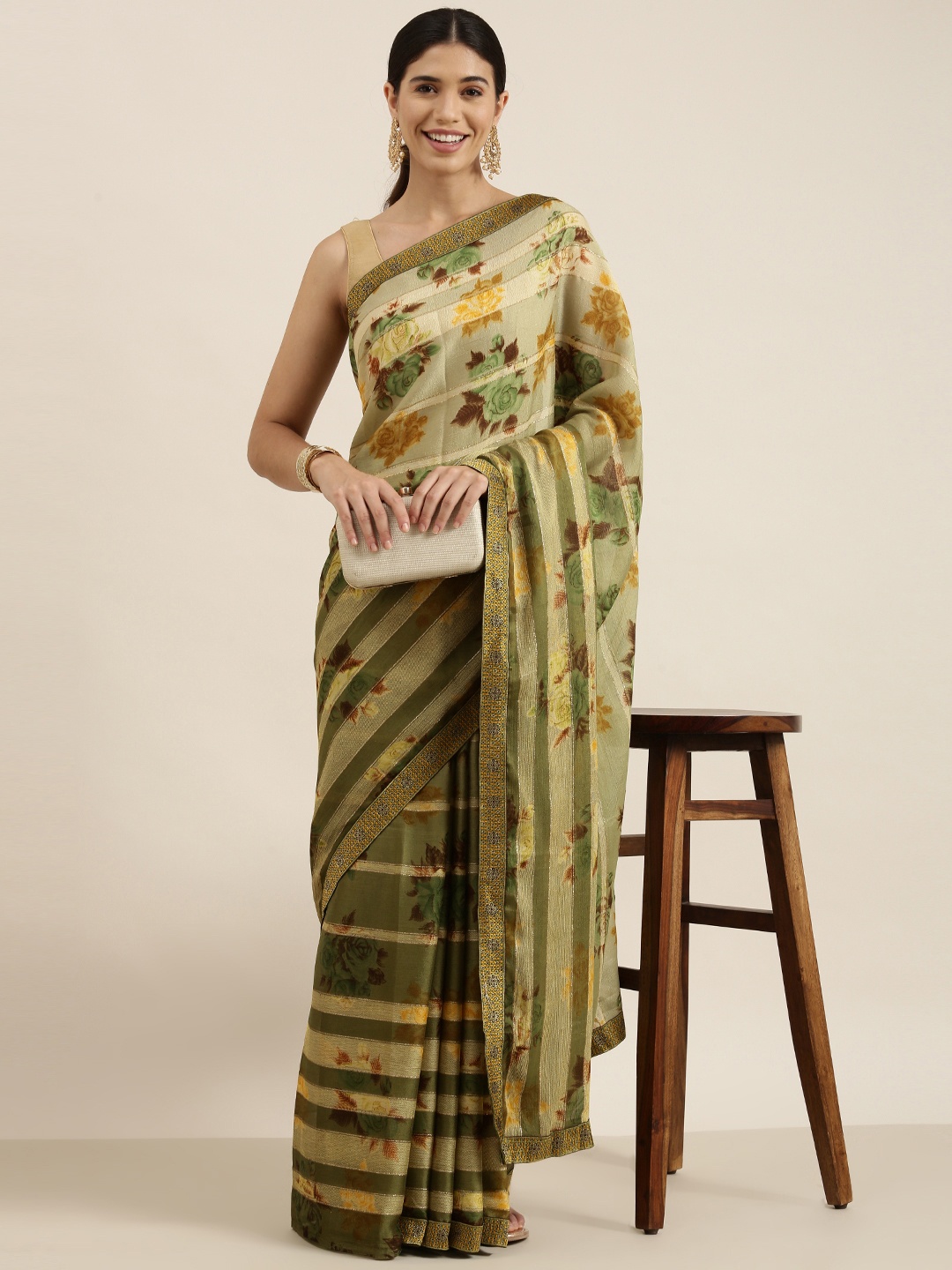 

Sangria Green & Yellow Floral Print Pure Chiffon Saree