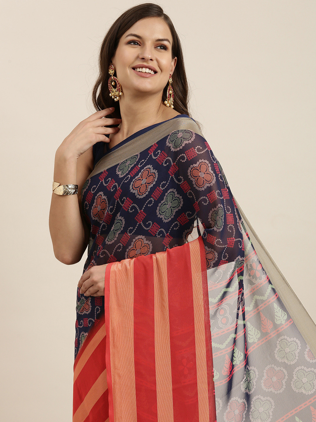 

Sangria Navy Blue & Peach-Coloured Ethnic Motifs Pure Georgette Saree