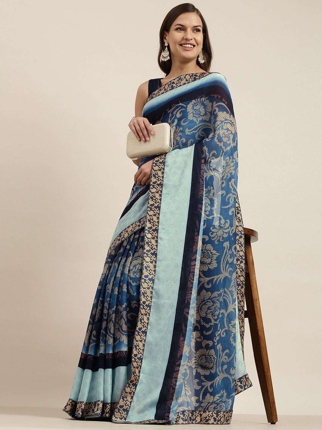 

Sangria Blue & Beige Ethnic Motifs Pure Chiffon Saree