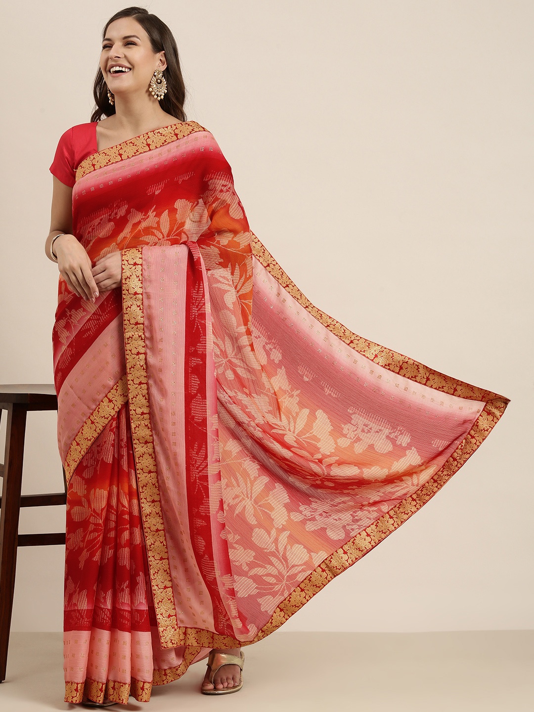 

Sangria Red & Orange Ethnic Motifs Pure Chiffon Saree