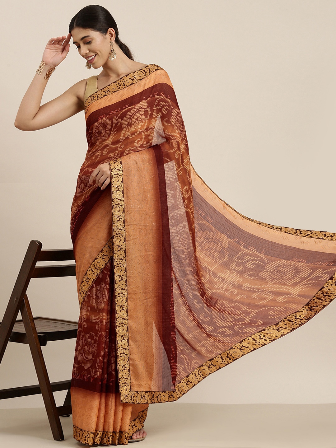 

Sangria Peach-Coloured & Brown Printed Pure Chiffon Saree
