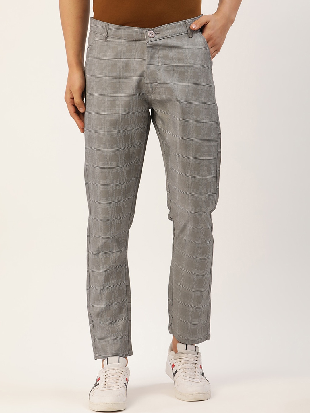 

JAINISH Men Grey Checked Tailored Slim Fit Easy Wash Cotton Trousers