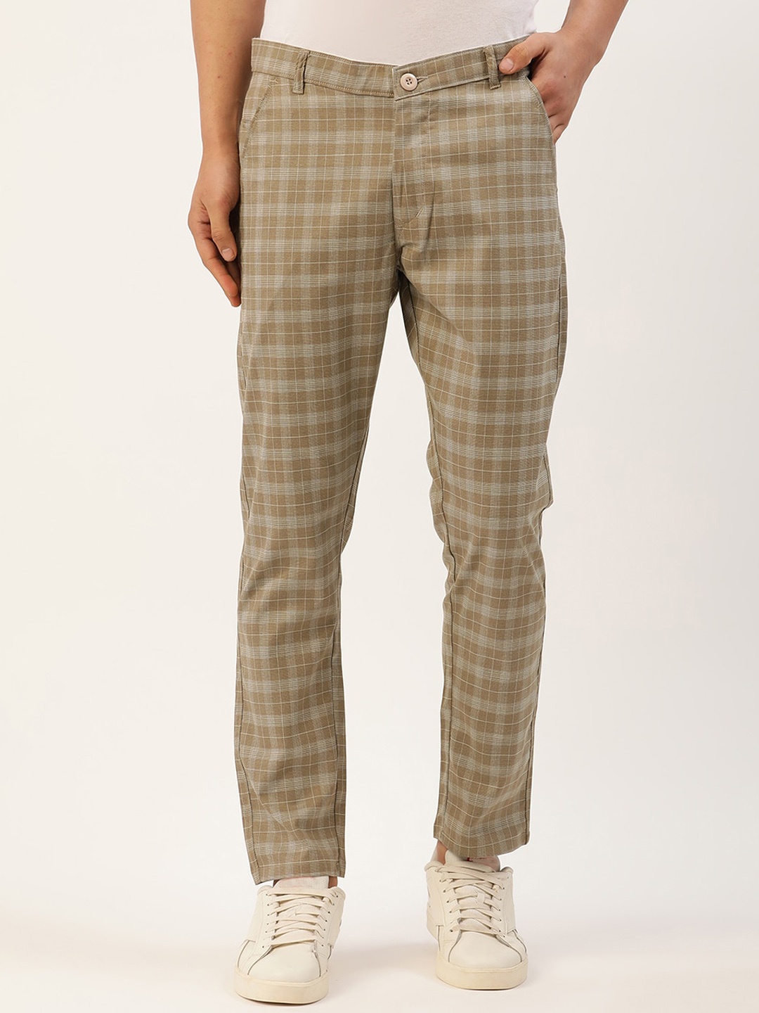 

JAINISH Men Beige & Grey Checked Tailored Slim Fit Trousers