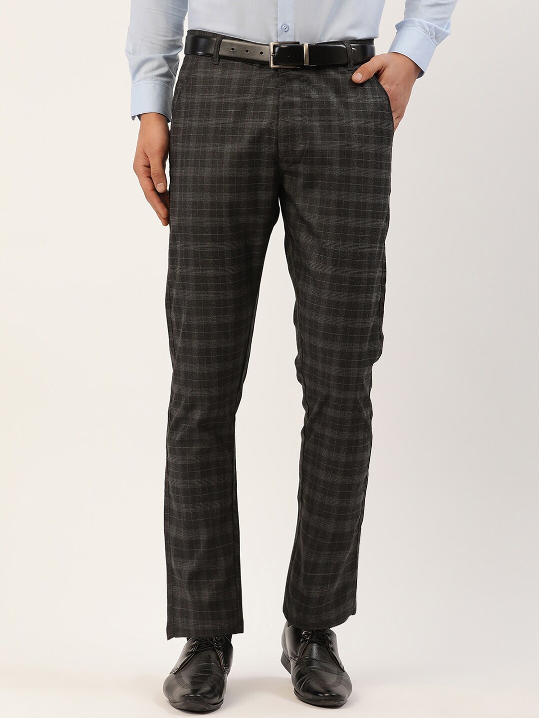 

JAINISH Men Black Checked Tailored Slim Fit Easy Wash Trousers