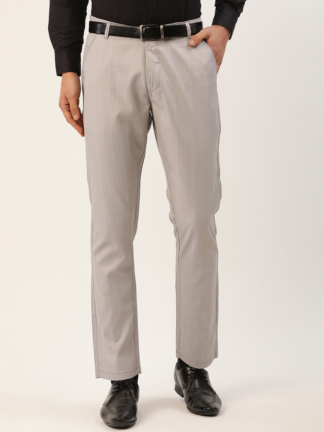 

JAINISH Men Grey Checked Tailored Slim Fit Easy Wash Formal Trousers