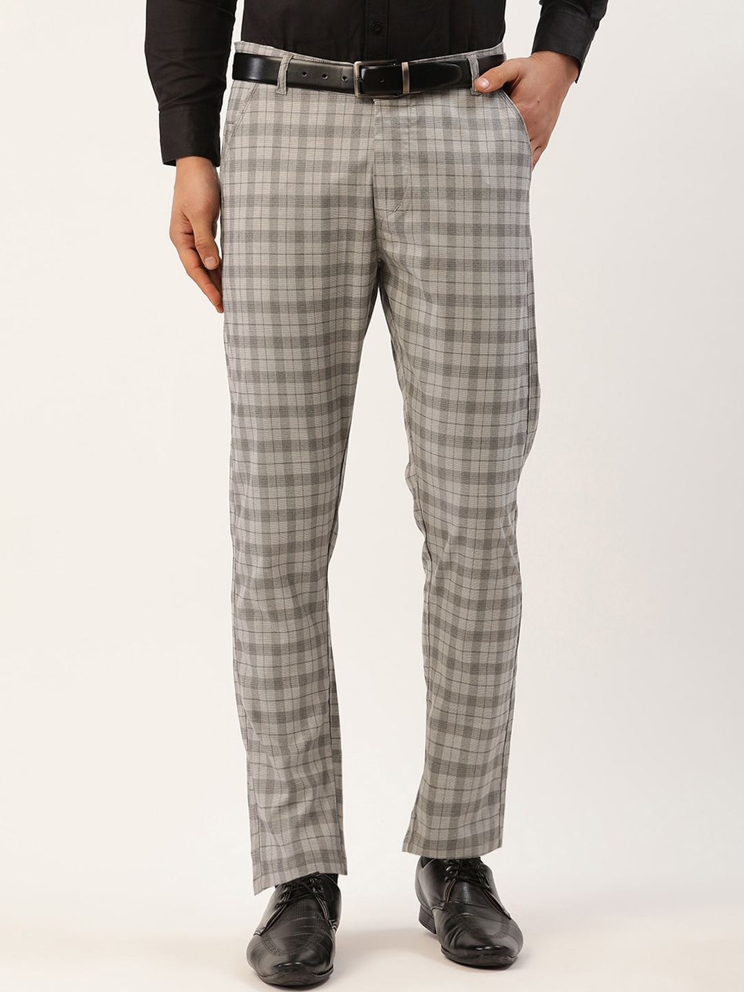 

JAINISH Men Grey Checked Tailored Slim Fit Easy Wash Trousers
