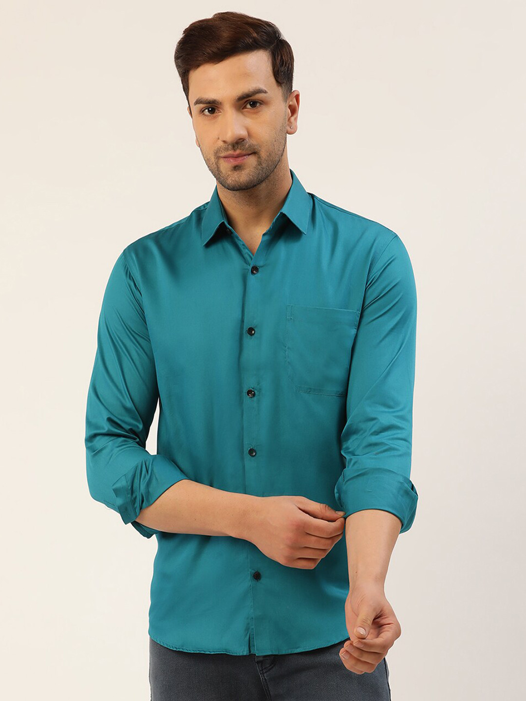 

JAINISH Men Teal Blue Smart Slim Fit Pure Cotton Casual Shirt