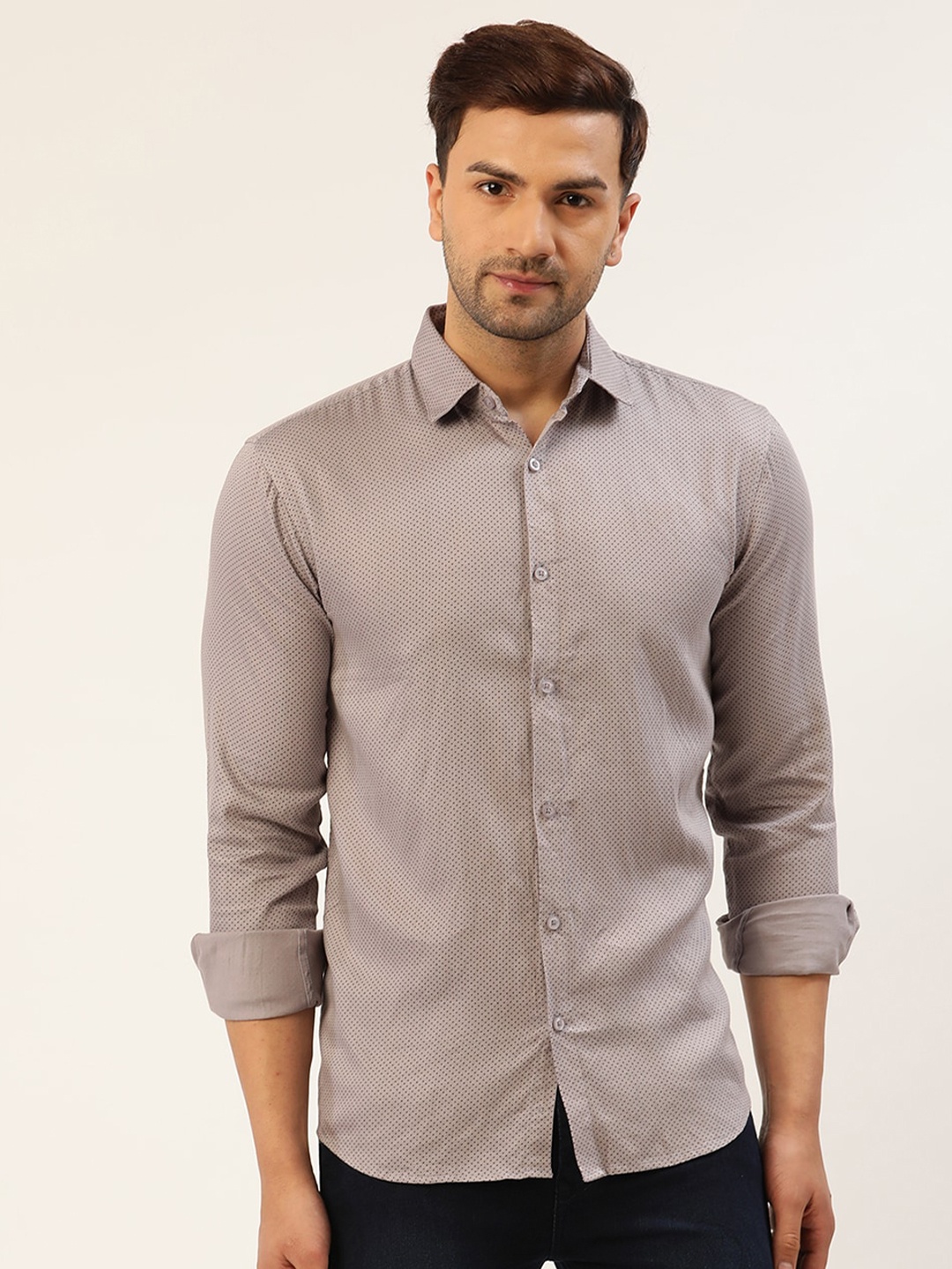 

JAINISH Men Grey Smart Slim Fit Polka Dots Printed Pure Cotton Casual Shirt