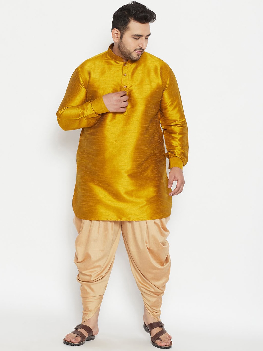 

VASTRAMAY Men Mustard Yellow Kurta with Dhoti Pants