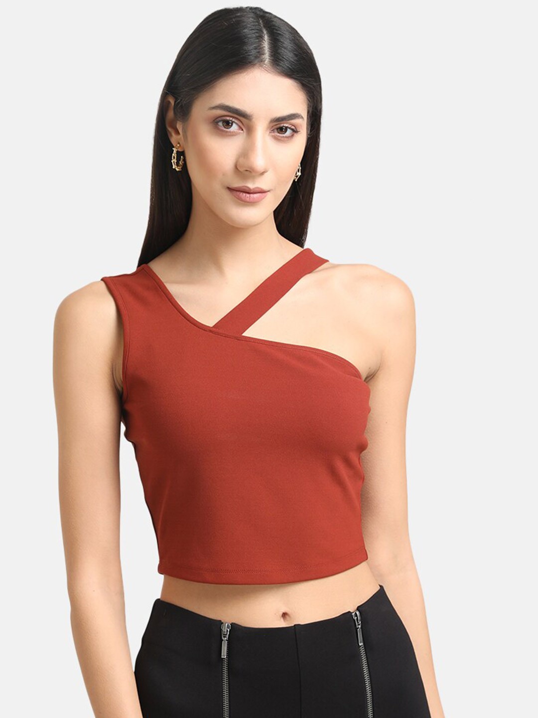 

Kazo Women Rust Solid One Shoulder Crop Top