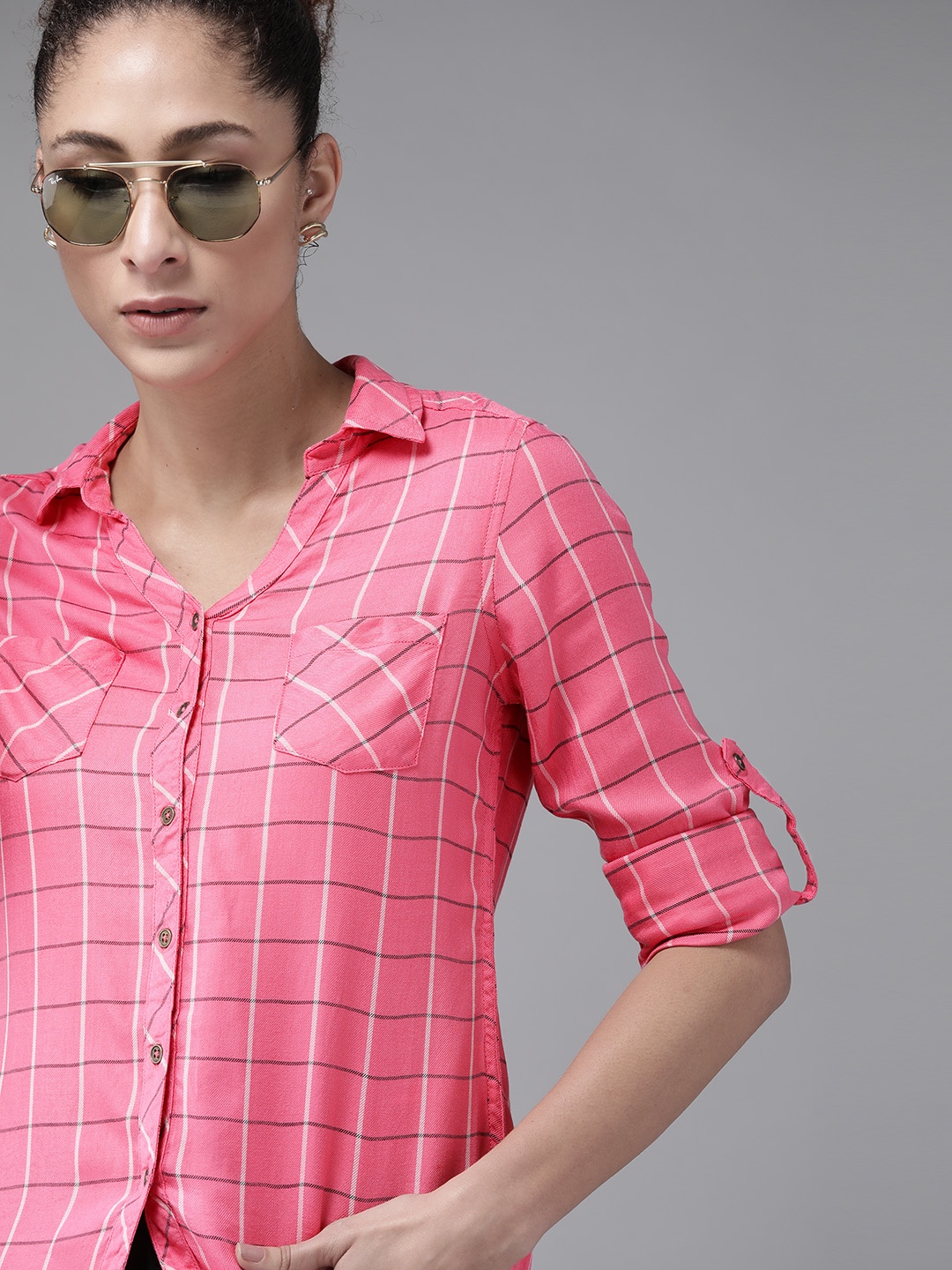 

Roadster Women Pink & White Checked Casual Shirt