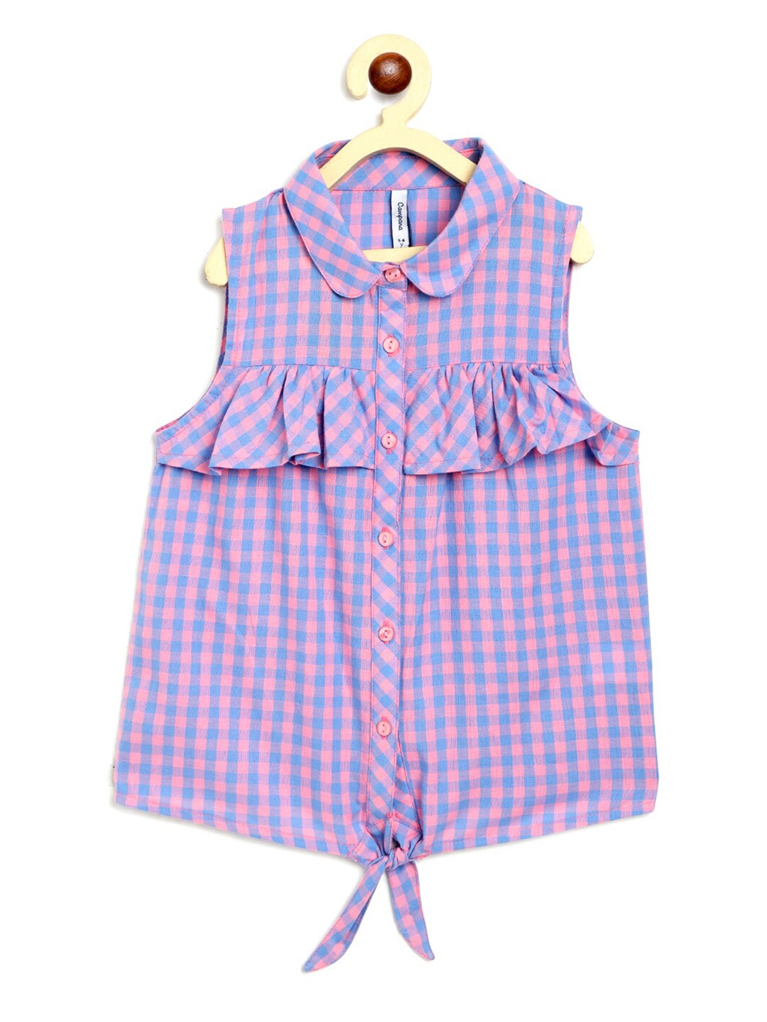 

Campana Pink & Blue Checked Ruffles Pure Cotton Shirt Style Top