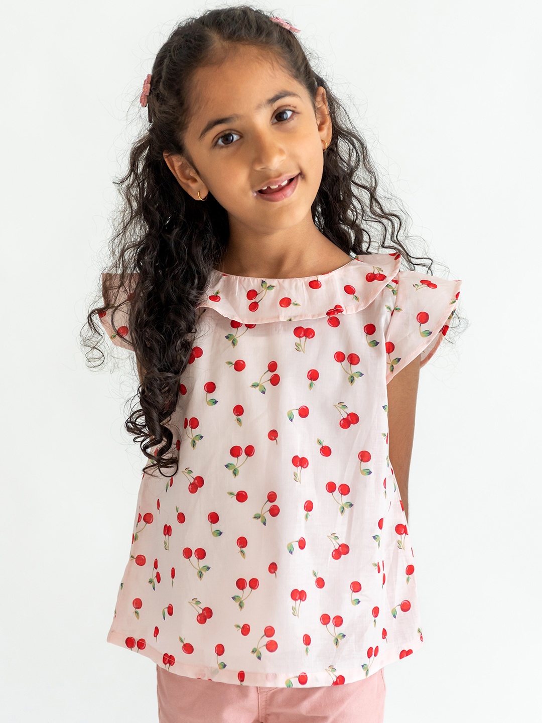 

Campana White & Pink Print Ruffles Pure Cotton Top