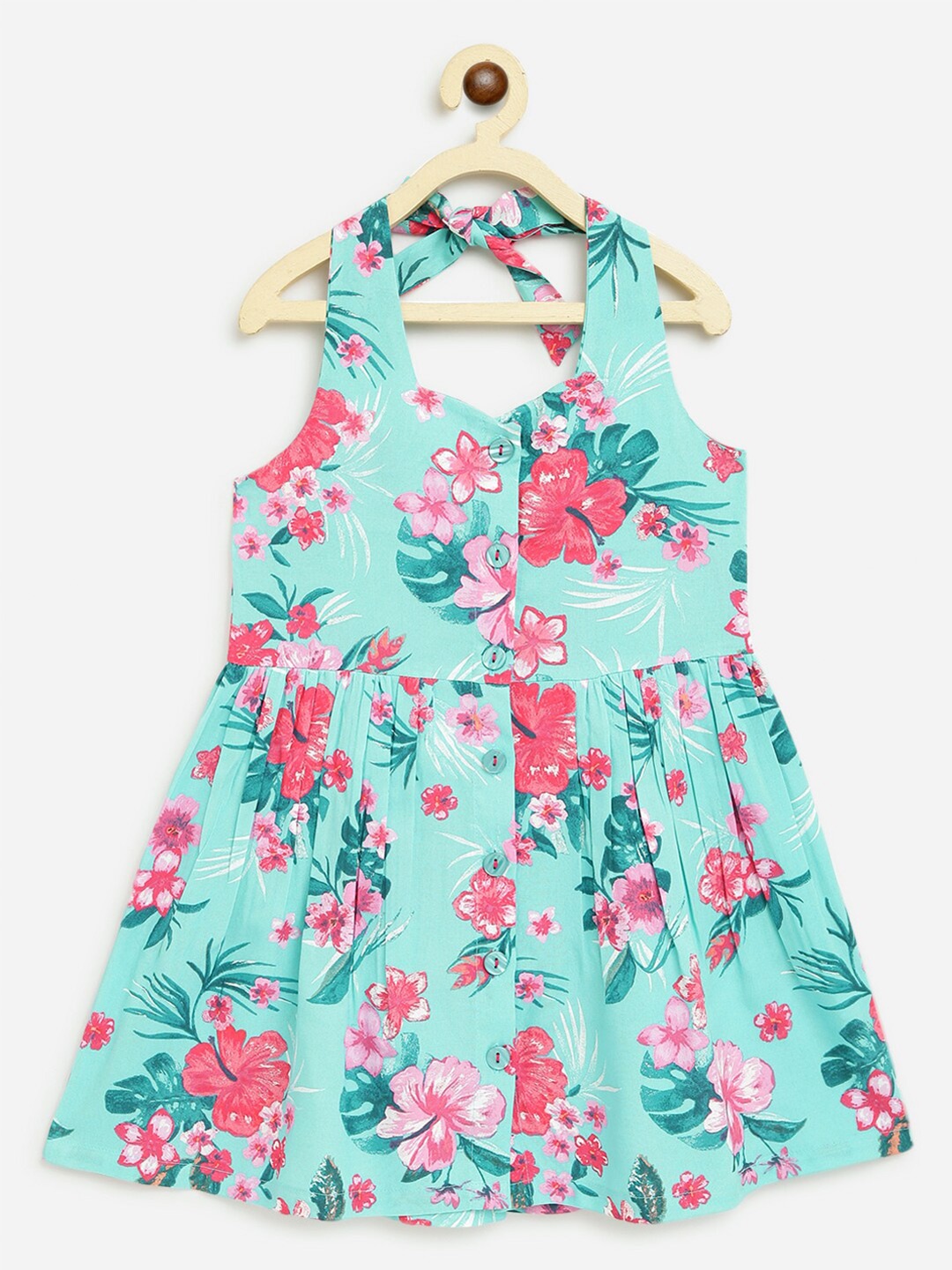 

Campana Sea Green & Pink Floral Halter Neck Dress